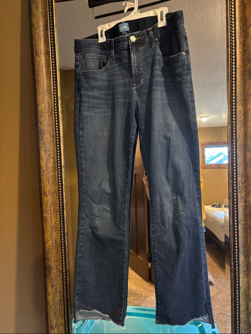 Jag Jeans Women's Dark Blue Straight Leg Jeans-frayed hem.